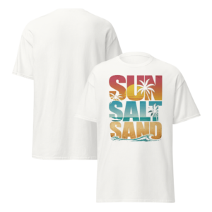 unisex-classic-tee-white-front-and-back-6a36d5553e066 T-Shirt « Sun Sand » – L'Esprit de l'Été Toute l'Année